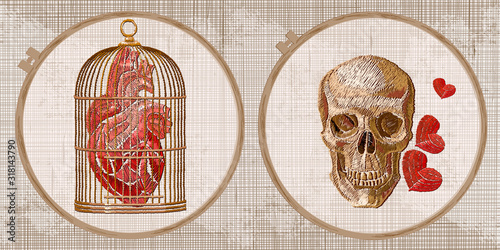 Anatomical human heart, golden cage and skull. Medieval style. Embroidery collection. Template tambour frame with a canvas, elements from stitches. Art for clothes