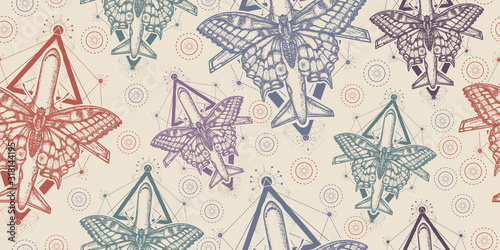 Butterfly and air plane. Seamless pattern. Packing old paper, scrapbooking style. Vintage background. Medieval manuscript, engraving art. Symbol of tourism, travel, dream, holidays, freedom, flight