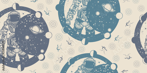 Astronaut in space. Seamless pattern. Packing old paper, scrapbooking style. Vintage background. Medieval manuscript, engraving art. Cosmonaut in universe, solar eclipse. Symbol of science, astronomy