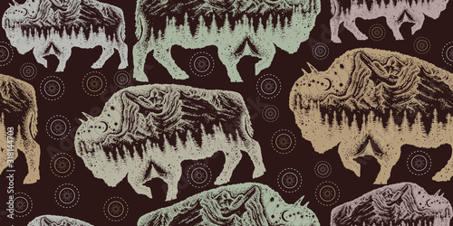Bison, double exposure animals. Seamless pattern. Packing old paper, scrapbooking style. Vintage background. Medieval manuscript, engraving art. Buffalo bull travel symbol, adventure, tourism