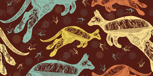 Kangaroo double exposure. Seamless pattern. Packing old paper, scrapbooking style. Vintage background. Medieval manuscript, engraving art. Symbol of Australia, travel and tourism