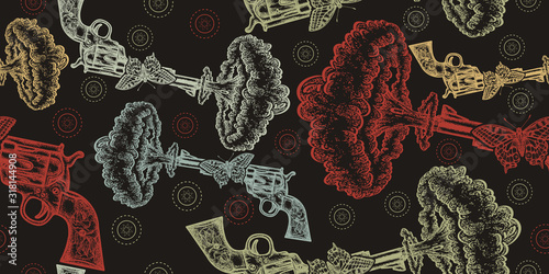 Revolver, butterfly, nuclear explosion. Seamless pattern. Packing old paper, scrapbooking style. Vintage background. Medieval manuscript, engraving art. Symbol of love and hate, war and peace