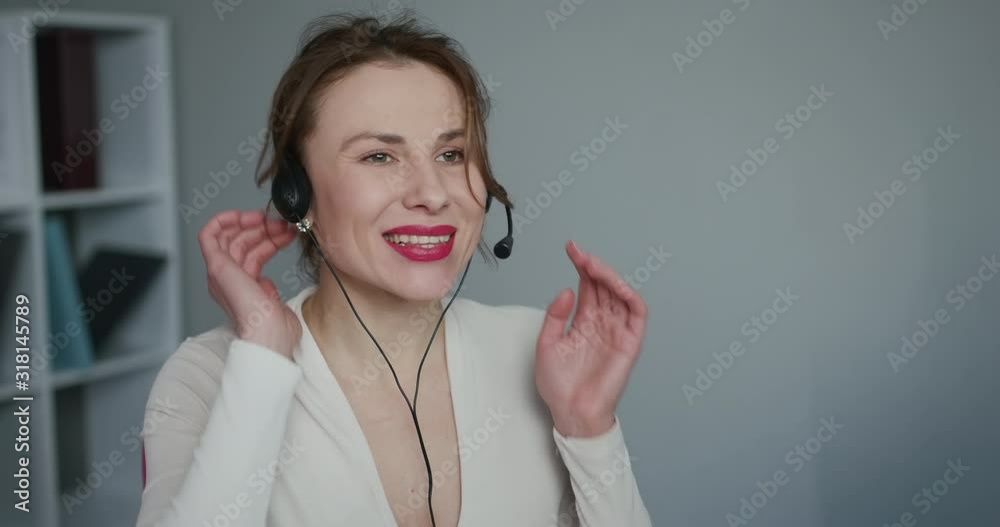 Business Woman Customer Support Agent Receptionist Wear Headset Consult Online Client. Talk in Internet Computer Chat, Helpline Operator Secretary Make Conference Video Call Business Woman Customer Support Agent Receptionist Wear Headset Consult Online Client. Talk in Internet Computer Chat, Helpline Operator Secretary Make Conference Video Call