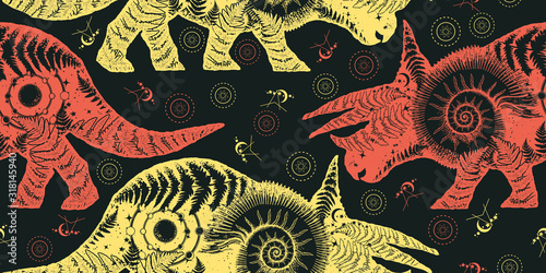 Triceratops double exposure. Seamless pattern. Packing old paper, scrapbooking style. Vintage background. Medieval manuscript, engraving art. Symbol of archeology, paleontology