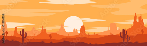 Fotografie, Tablou Vector illustration of sunset desert panoramic view with mountains and cactus in flat cartoon style