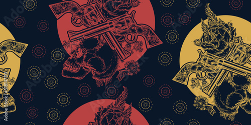 Skull, crossed guns and roses flowers. Seamless pattern. Packing old paper, scrapbooking style. Vintage background. Medieval manuscript, engraving art.  Symbol of the wild west, robber, crime