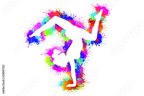 Colorful sport background. Yoga logo design. Ballerina in dance. Girl gymnast in gymnastic. Silhouettes, Exercises, Fitness, Healthcare, Medical, Icon, Symbol. Vector illustration.