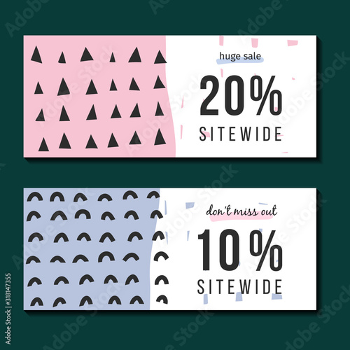 Modern sale banners, abstract templates with handdrawn illustrations, vector layout for website banner or email list advertising, sale coupon for sitewide sale, promotion offer, trendy doodles