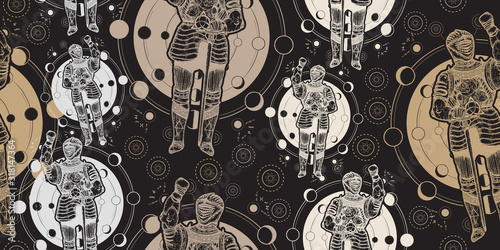 Medieval knight. Seamless pattern. Packing old paper, scrapbooking style. Vintage manuscript, engraving art. Esoteric symbol ancient war, lunar phases. Alchemical motives, sacral geometry