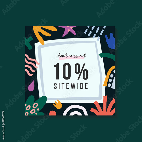 Tropical sale banner, vector template with tropical handdrawn doodle shapes, modern simple layout, sidewide sale promotion for email list or social media announcement, clearance coupon.