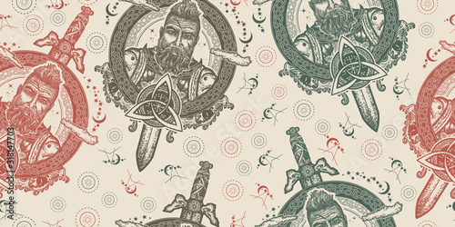 Vikings. Seamless pattern. Packing old paper, scrapbooking style. Vintage background. Medieval manuscript, engraving art. Symbol of force, courage. Scandinavian mythology