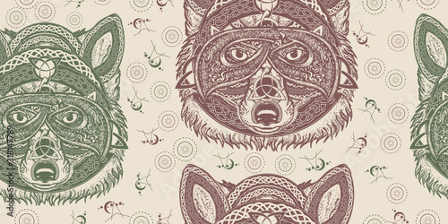 Fox viking in the celtic style. Seamless pattern. Packing old paper, scrapbooking style. Vintage background. Medieval manuscript, engraving art. North wolf
