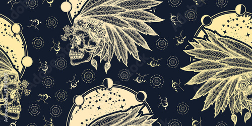 Native American indian feather headdress with human skull . Seamless pattern. Packing old paper, scrapbooking style. Vintage background. Medieval manuscript, engraving art. Warrior symbol