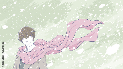 吹雪の中の男性