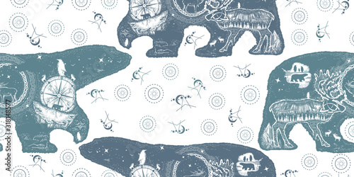 Polar bear double exposure. Seamless pattern. Packing old paper, scrapbooking style. Vintage background. Medieval manuscript, engraving art. Symbol of Arctic, Antarctica, tourism, adventure