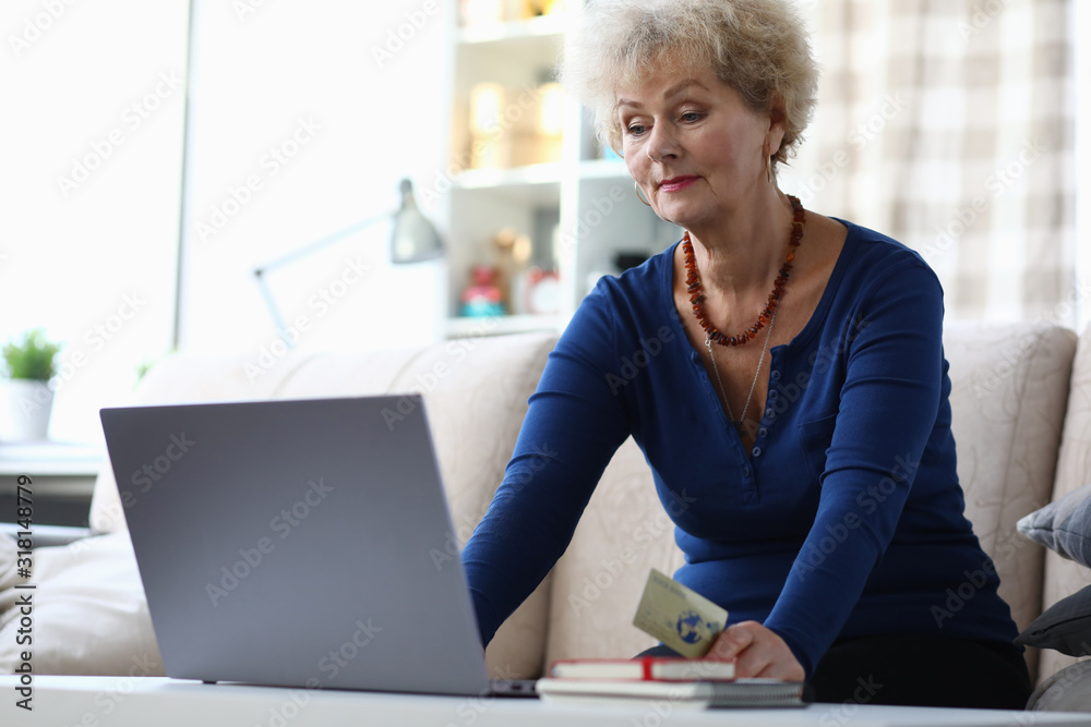 Portrait of pensioner transferring money from debit card. Adult female making online shopping on modern computer. Grandmother looking at pc display seriously Portrait of pensioner transferring money from debit card. Adult female making online shopping on modern computer. Grandmother looking at pc display seriously