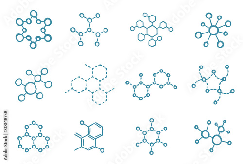 Molecule science icon set. The chemical biotechnology structure. Laboratory test. Blue vector hand-drawn sketch line.