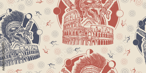 Spartan helmet crossed swords, shield and Colosseum. Seamless pattern. Packing old paper, scrapbooking style. Vintage background. Medieval manuscript, engraving art. Symbol of Ancient Rome