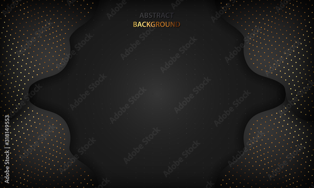 Black luxury abstract background with paper cut concept. Texture with gold glitters dot element and wavy overlap layer. Modern dark background.