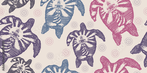 Sea turtle double exposure. Seamless pattern. Packing old paper, scrapbooking style. Vintage background. Medieval manuscript, engraving art. Symbol of tropical travel, adventure, surf