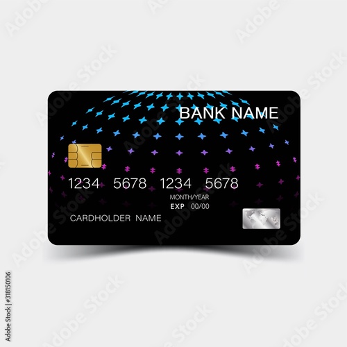 Purple gradient credit card design. On the gray background. Vector illustration EPS10. 