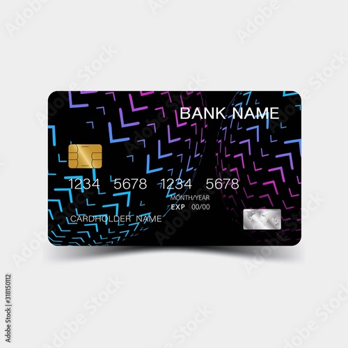 Purple gradient credit card design. On the gray background. Vector illustration EPS10. 