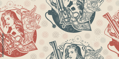 Revolver, playing cards, beautiful girl and bomb. Seamless pattern. Packing old paper, scrapbooking style. Vintage background. Medieval manuscript, engraving art. Casino, criminal and mafia