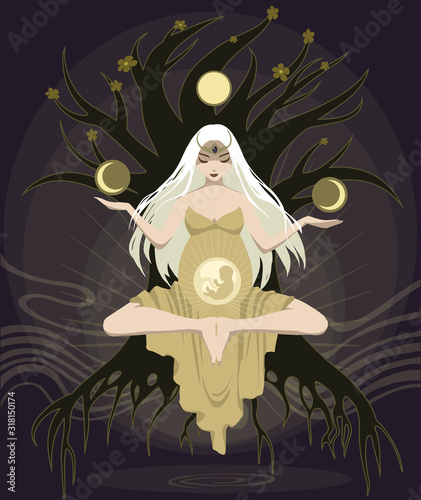 Symbolic esoteric illustration of a beautiful young pregnant woman meditating on the background of an ancient magic tree