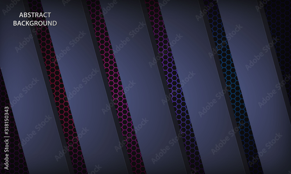 Obraz premium Abstract dark blue background with overlap layers on purple color gradient hexagon pattern. Modern futuristic technology corporate design template.