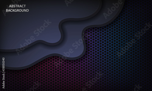 Abstract curve dark blue papercut background on purple color gradient hexagon pattern. Modern futuristic technology corporate design template.