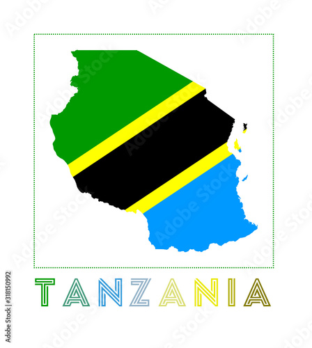 Tanzania Logo. Map of Tanzania with country name and flag. Attractive vector illustration.