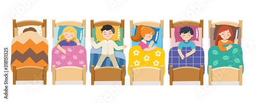 Set of Children character lying in different postures during night slumber. Boys and girls sleeping in bed in various poses. Bedtime and rest. vector illustration.