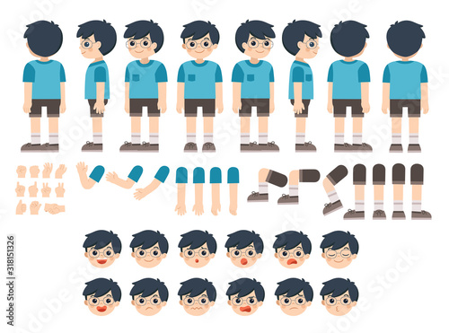 Mascot creation kit of little boy for different poses . Vector constructor with various views, emotions, poses and gestures. Schoolboy character creation set.