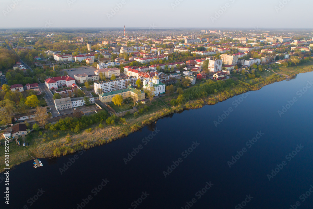 View of modern Polotsk on a sunny April evening (aerial photography). Belarus