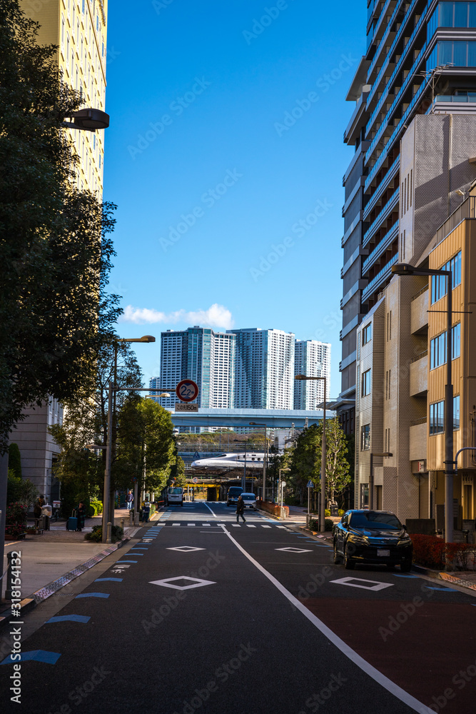 Fototapeta premium 都会の街並みと鉄道