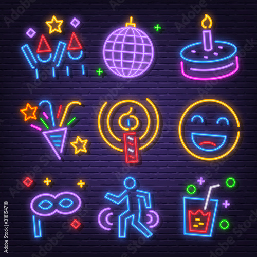 birthday party neon signboard icons