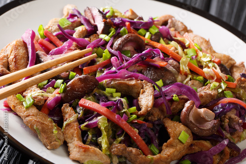 Obraz na plátně Tasty pork moo shu with cabbage mix and mushrooms close-up in a plate