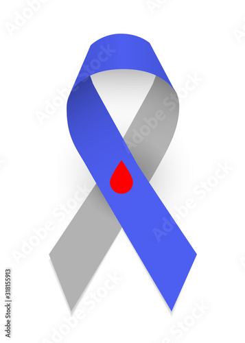 Colorful satin ribbon as symbol of type one diabetes awareness. Gray and blue ribbon with a red drop of blood. Isolated vector illustration on white background