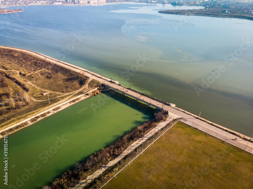 Aerial photo of the Old Bridge Dambovita between Dambovita RIver and Morii Lake , Bucharest, Romania.