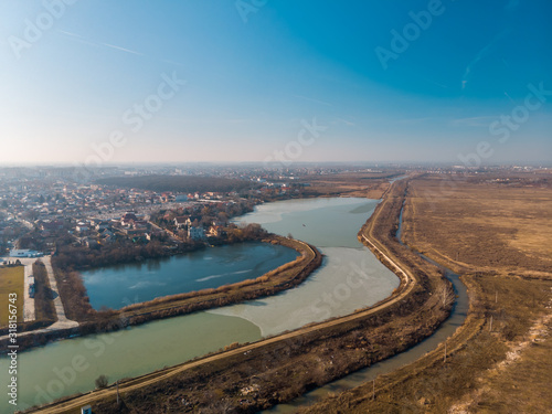 Aerial landscape of the Dambovita River close to Morii Lake , Bucharest, Romania.