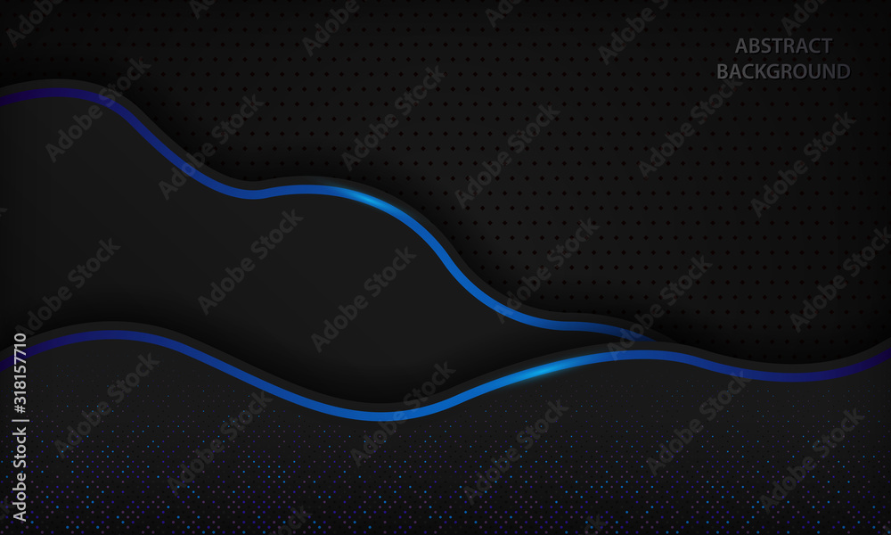 Fototapeta premium Dark curve abstract background with blue light lines and purple sparkle dots element. Modern futuristic technology black frame papercut design template for banner, card, corporate, flyer and cover.