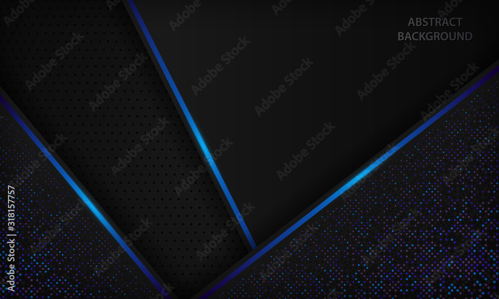 Dark diagonal abstract background with blue light lines and purple sparkle dots element. Modern futuristic technology black frame papercut design template for banner, card, corporate, flyer and cover. Dark diagonal abstract background with blue light lines and purple sparkle dots element. Modern futuristic technology black frame papercut design template for banner, card, corporate, flyer and cover.
