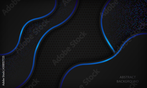 Dark curve abstract background with blue light lines and purple sparkle dots element. Modern futuristic technology black frame papercut design template for banner, card, corporate, flyer and cover.