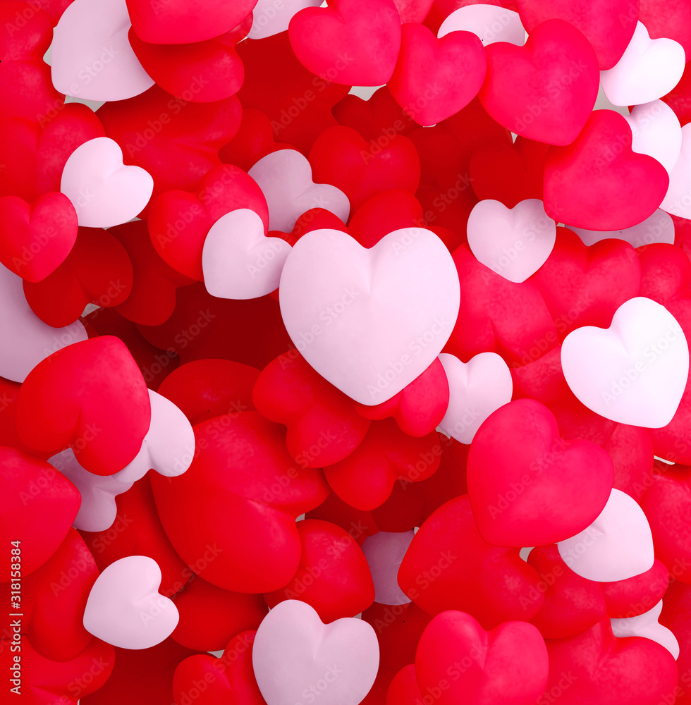 3d generated plastic baloon hearts stacked in one background