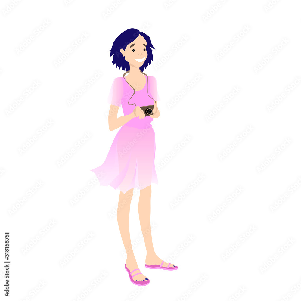 Lovely young girl standing with a camera. Cartoon vector character isolated on white background. Pink transparent dress and a lovely smile for a woman. Lovely young girl standing with a camera. Cartoon vector character isolated on white background. Pink transparent dress and a lovely smile for a woman.