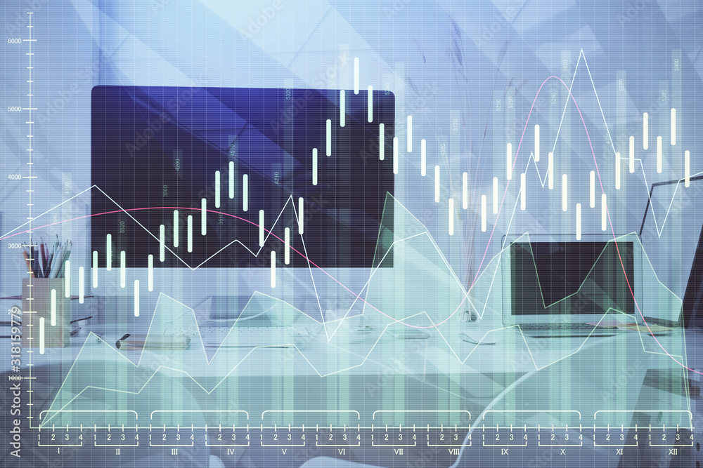 Double exposure of graph and financial info and work space with computer background. Concept of international online trading. Double exposure of graph and financial info and work space with computer background. Concept of international online trading.