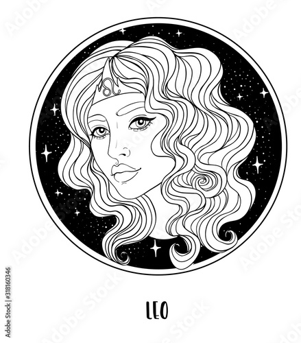 Illustration of Leo astrological sign as a beautiful girl. Zodiac vector drawing isolated in black and white. Future telling, horoscope, alchemy, spirituality. Coloring book for adults.