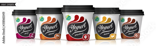 Yogurt vector packaging design. Fruit and nuts yogurt set.