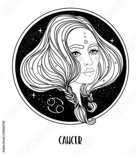 Illustration of Cancer astrological sign as a beautiful girl. Zodiac vector drawing isolated in black and white. Future telling, horoscope, alchemy, spirituality. Coloring book for adults.