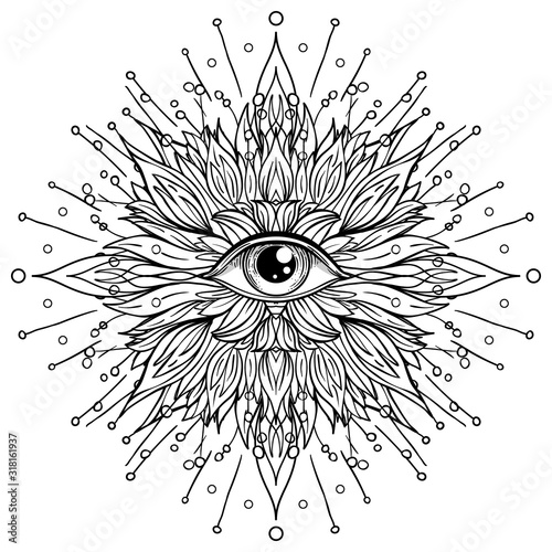 Lotus, Eye, Sacred Geometry. Ayurveda symbol of harmony and balance, and universe. Tattoo flesh design, yoga logo. Boho print, poster, t-shirt textile. Anti stress book. Isolated vector illustration.
